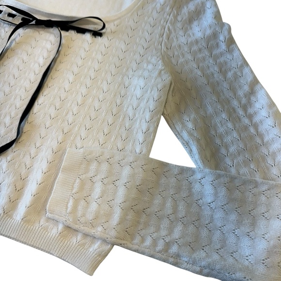 Heart N Crush Pointelle White Knit Coquette Bow Sweater Top, L‎ - Picture 5 of 8
